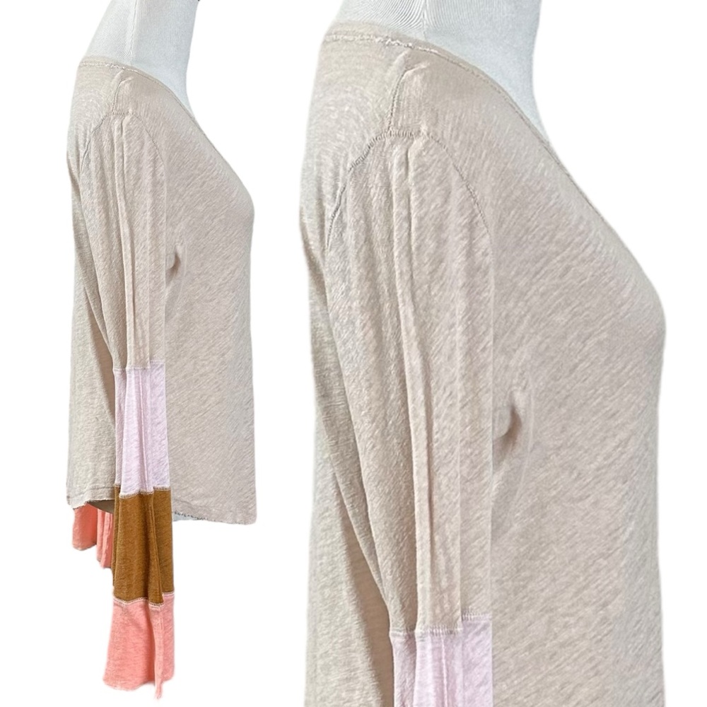 Free People Retro 70s Bohemian Bell Sleeve Neutral V Neck Top Small Linen NWT - Picture 6 of 15